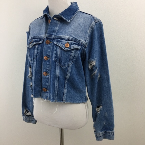 F21 | Distressed Cropped Blue Denim Jean Jacket - Picture 4 of 9